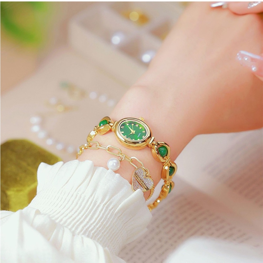 Gold Green Enamel Link Bracelet Watch -